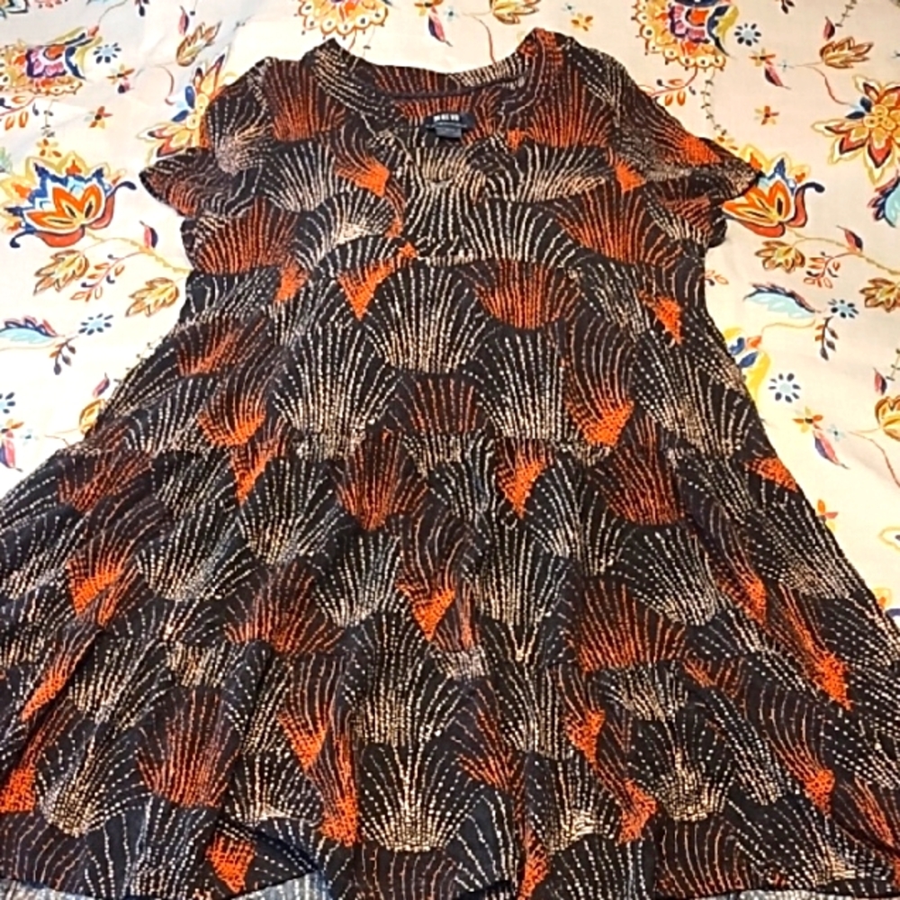 Maeve Black Dress with Orange and Gold Fan-Print
